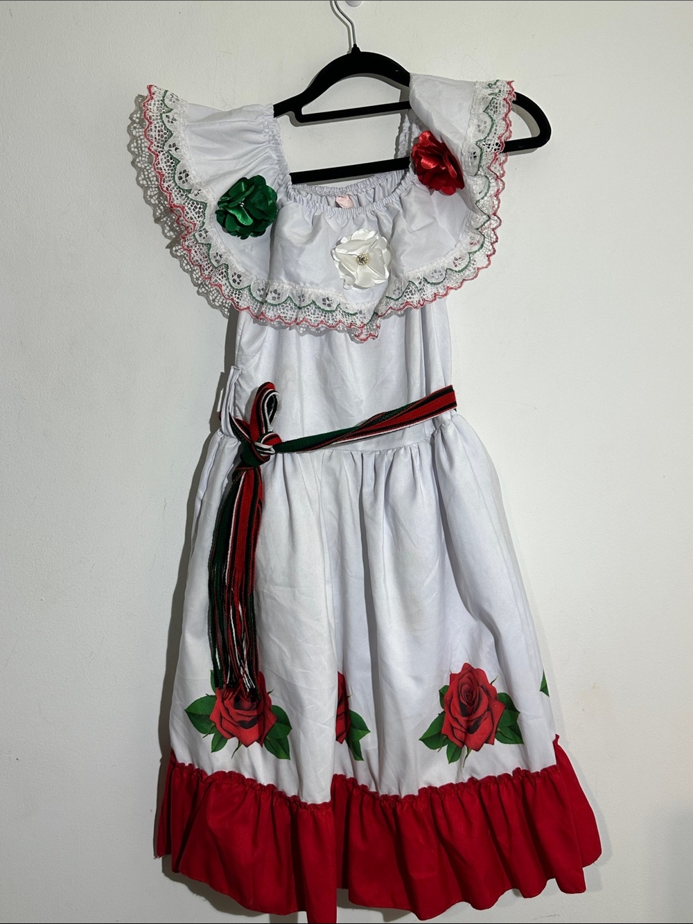 Girls White and Red Folkloric Dress with Green Accents